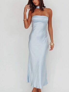 Selfie Leslie Pale Blue Strapless Satin Maxi Dress with Neck Scarf